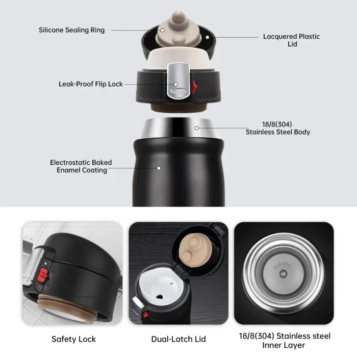 Detailed structure of pop-up lid, safety lock, and SUS 304 stainless steel interior layer of vacuum tumblers.