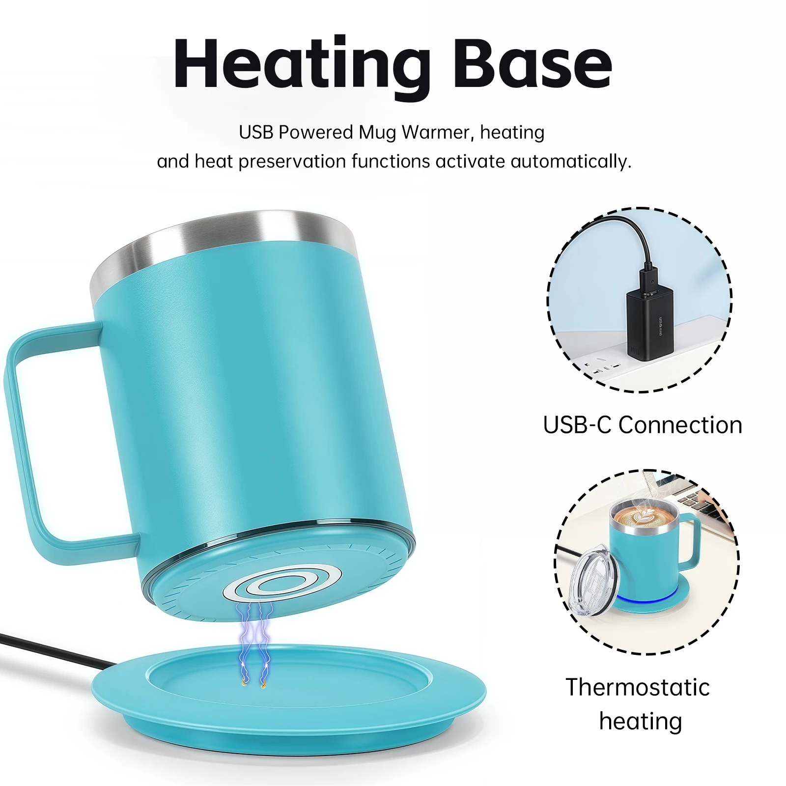 Intelligent wireless identification heating base with USB-C connection and waterproof design for safe office desk use.
