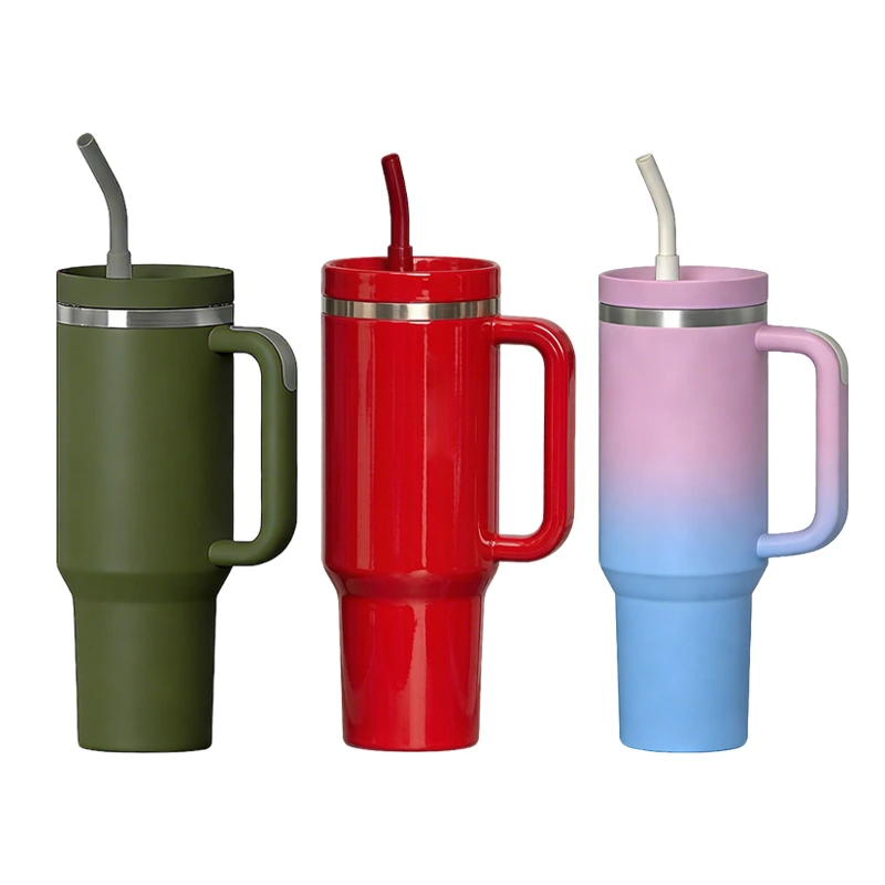 Variety of surface finishes for 40oz tumblers including matte powder coating and premium gradient colors - Gencore Factory.