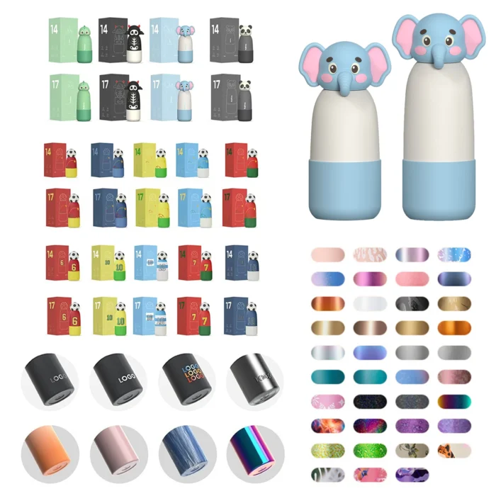 Bulk wholesale collection of character bottles including Soccer, Dino, and Panda with custom branding packaging samples.