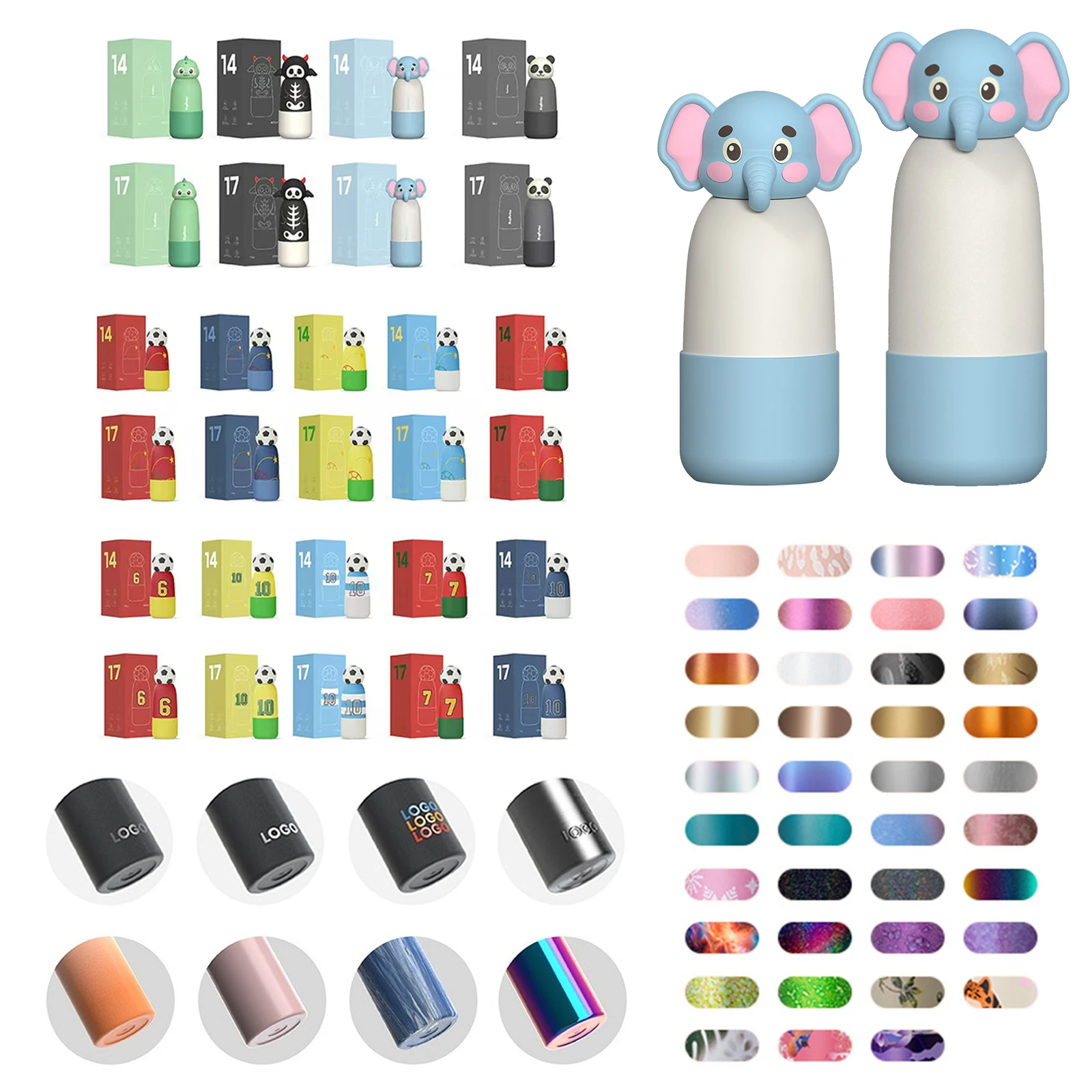 Bulk wholesale collection of character bottles including Soccer, Dino, and Panda with custom branding packaging samples.