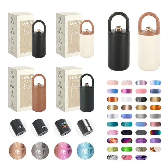 Wholesale stylish drinkware collection showing color options and custom logo branding for corporate gifts.