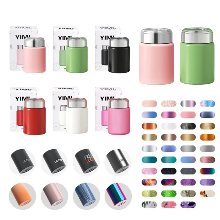 Wholesale collection of macaron colored mini vacuum flasks with custom logo branding options and gift boxes.