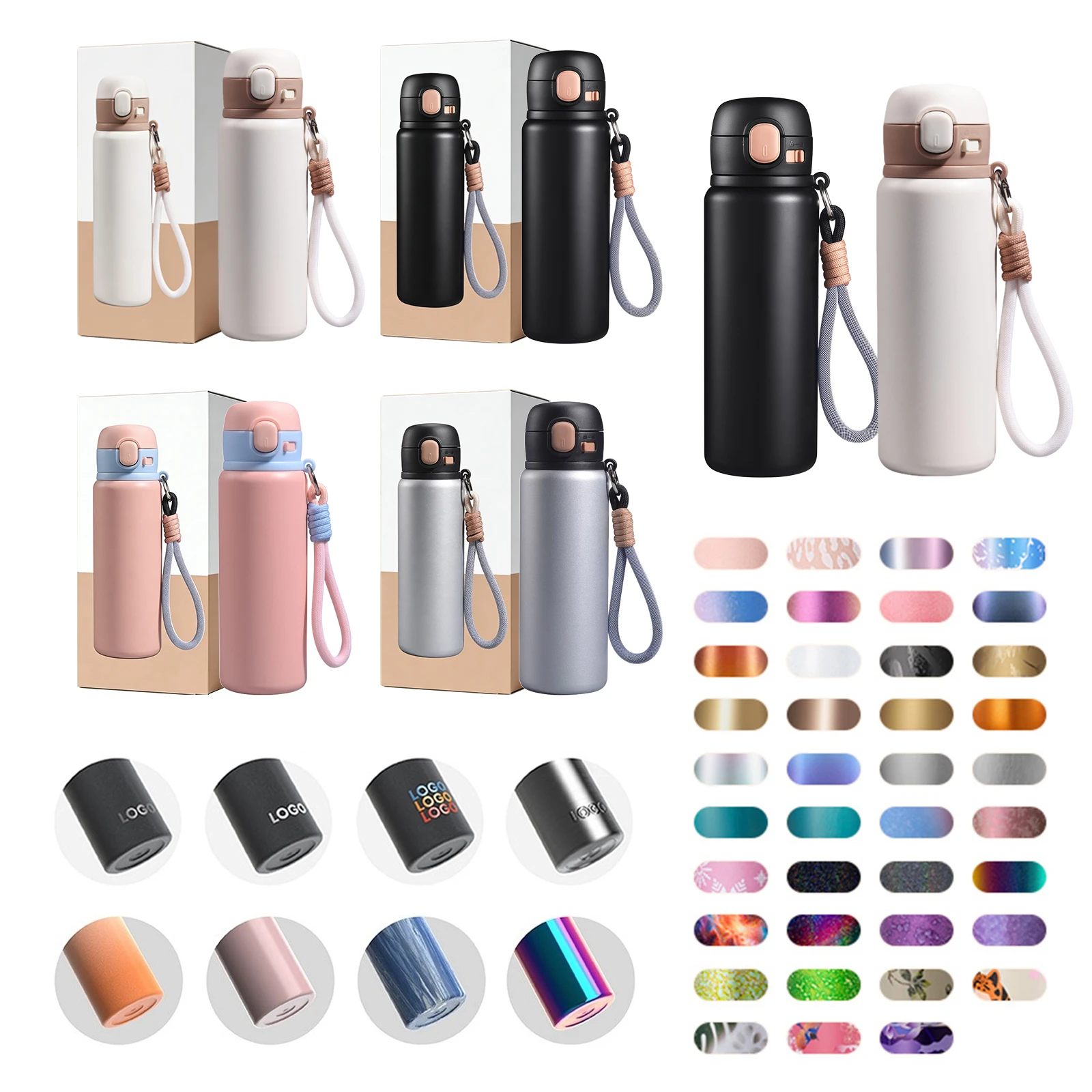 Wholesale custom logo options and color palette for tea separation bottles including Retro Black and Sakura Pink.