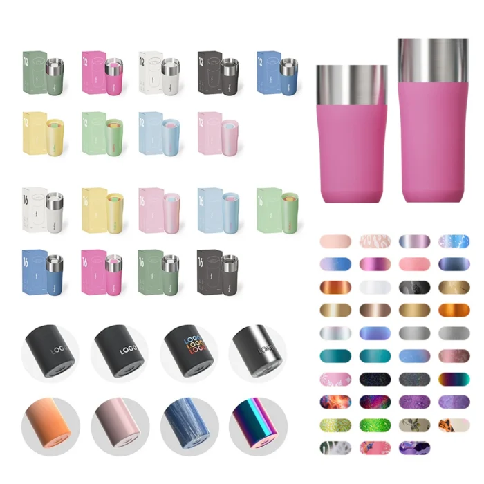 Wholesale custom logo options and Morandi color palette for 18/8 stainless steel insulated coffee mugs.