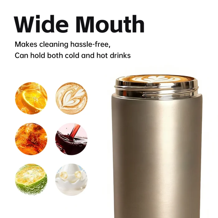 Wide mouth design of the Nordic travel mug for easy cleaning and maintaining hot coffee or tea.
