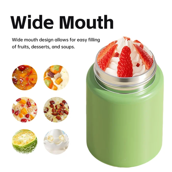 Wide mouth design of the mini insulated jar for easy filling of fruits, desserts, and soups.
