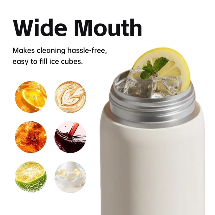 Wide mouth design of the tea infuser mug for easy cleaning and maintaining hot tea or herbal infusions.