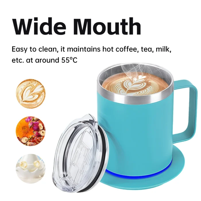 Wide mouth design of the 55°C thermostatic mug for easy cleaning and maintaining hot coffee, tea, or milk.