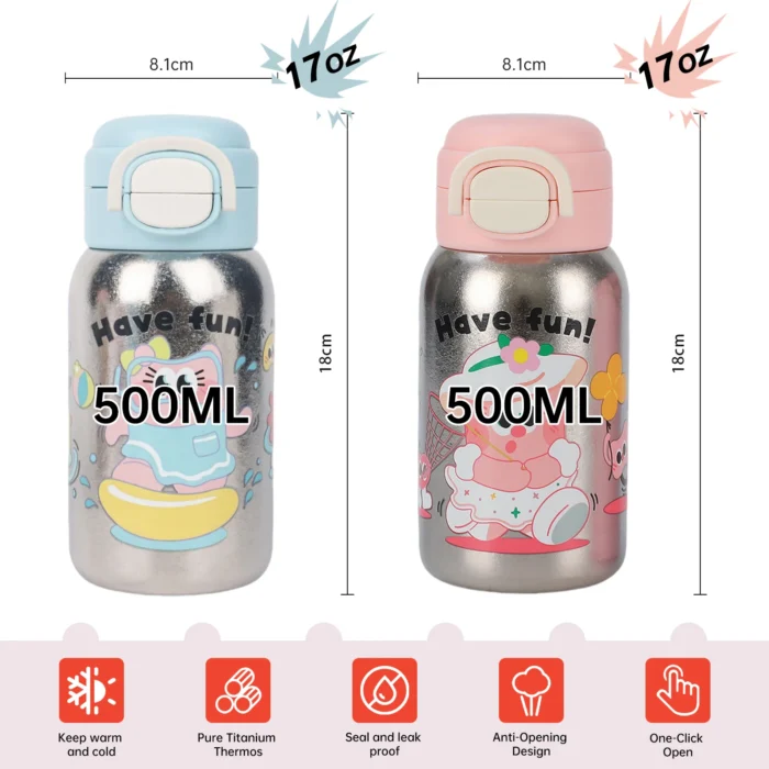 500ml 17oz pure titanium kids water bottle dimensions showing 18cm height and 8.1cm diameter for school bags.