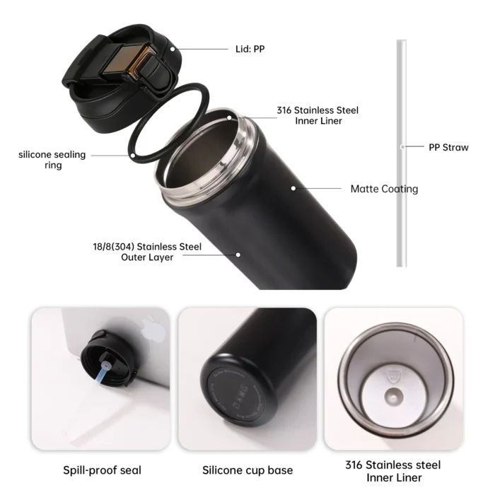 Internal view of the SUS 316 stainless steel liner in a 20oz vacuum insulated coffee mug ensuring food safety.