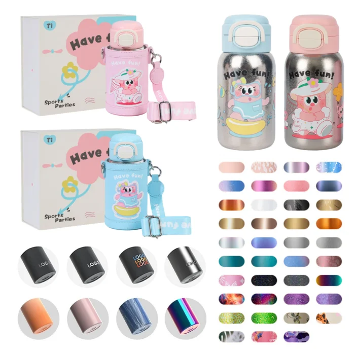 Luxury titanium kids bottle gift set with hand-stitched PU leather sleeves and premium packaging for wholesale.