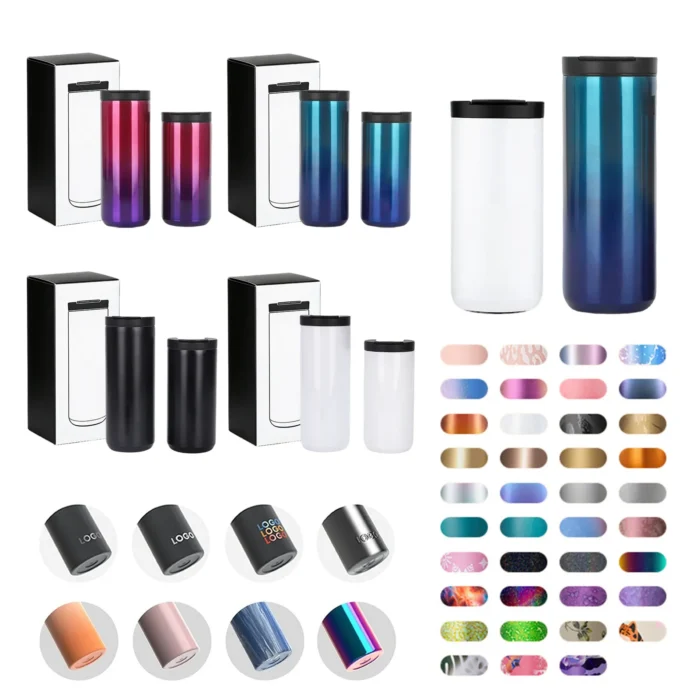 Wholesale custom logo options and aurora gradient color palette for straight body tumblers with premium retail boxes.