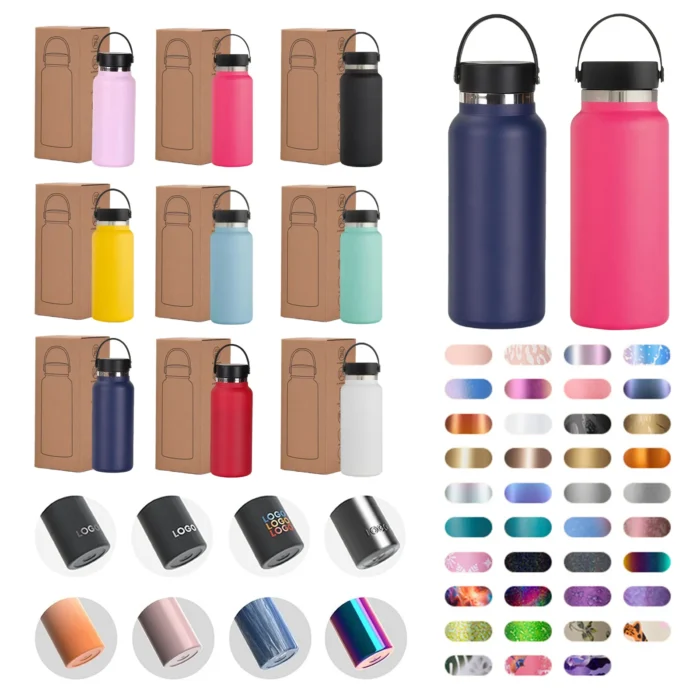 Wholesale custom logo options and full color palette for 32oz wide mouth insulated water bottles with retail boxes.