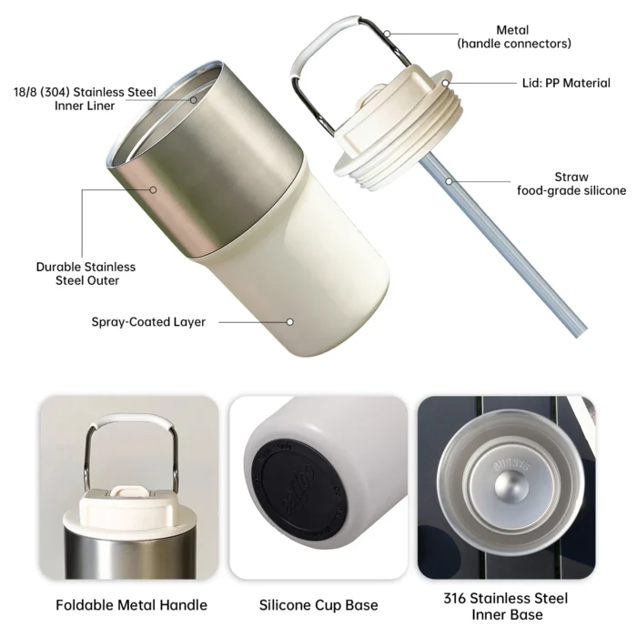 Exploded view of rugged travel mug showing SUS316 stainless steel interior and foldable metal handle for B2B supply.