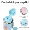 Dual-drink pop-up lid design for titanium bottle featuring one-touch opening and switchable straw or direct-sip spout.