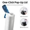 One-touch pop-up lid mechanism with direct sip spout and sliding safety lock on a white sports bottle.