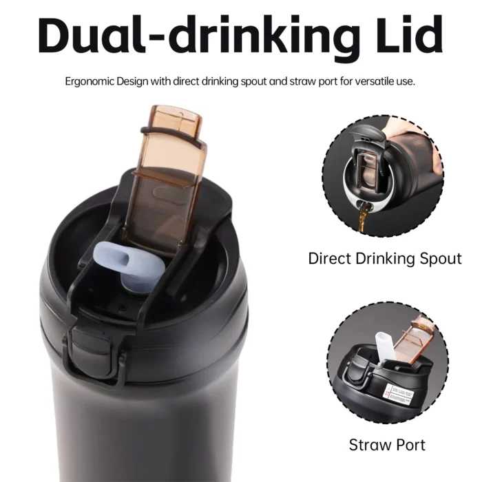 Silent anti-slip silicone cup base on a 316 stainless steel bottle to protect desktop surfaces.