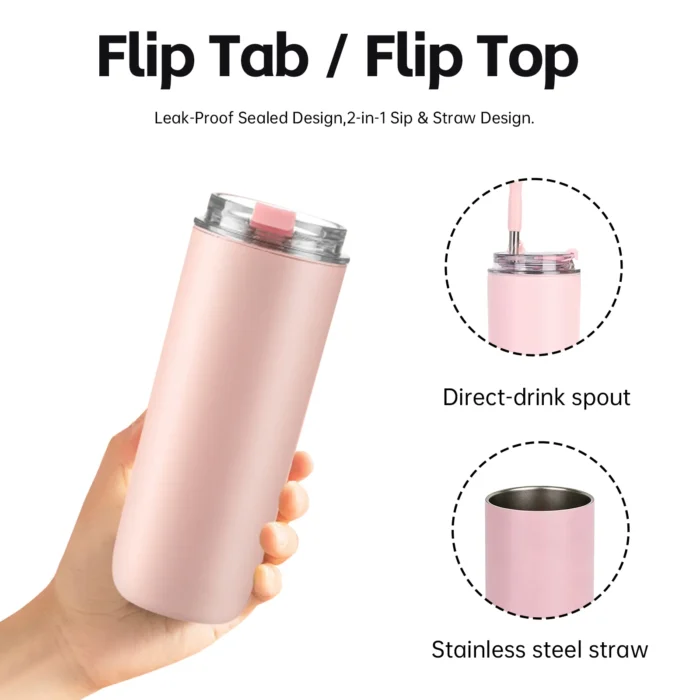 Flip top lid detail showing 2-in-1 sip and straw design with leak-proof seal for urban daily commute.