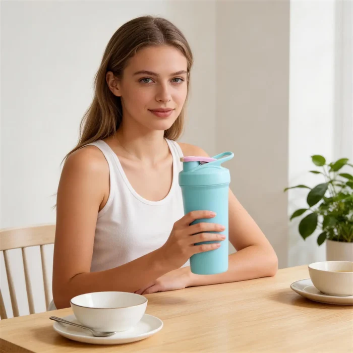Lifestyle photography of a woman holding an insulated protein shaker bottle in a modern home office setting.