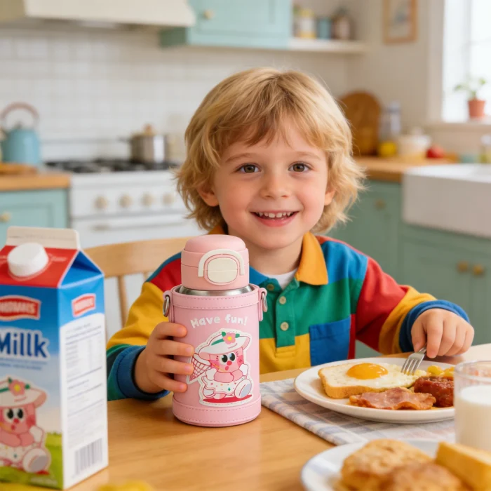 Lifestyle photography of a child with a pink titanium insulated cup during breakfast, demonstrating kid-friendly ergonomics.