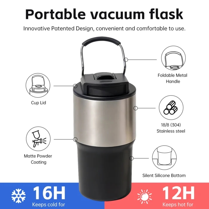 Feature diagram of 550ml insulated mug highlighting 16H cold retention and silent silicone bottom for bulk orders.