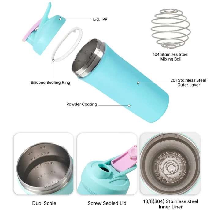 Exploded view of the metal shaker cup showing 304 whisk ball, silicone seal, and internal measurement marks.