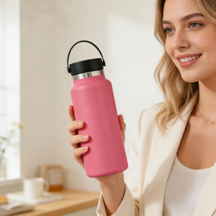 Lifestyle photography of a woman holding a pink 32oz wide mouth insulated bottle in a modern interior setting.