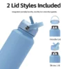 Interchangeable handle lid and straw lid styles for 18/8 stainless steel water bottles to fit diverse needs.