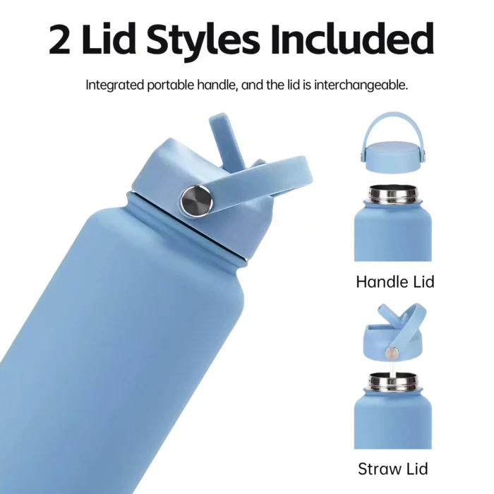 Interchangeable handle lid and straw lid styles for 18/8 stainless steel water bottles to fit diverse needs.