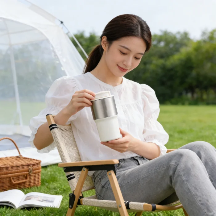 Lifestyle photography of a woman using the white 550ml vacuum flask at an outdoor campsite, demonstrating rugged durability.