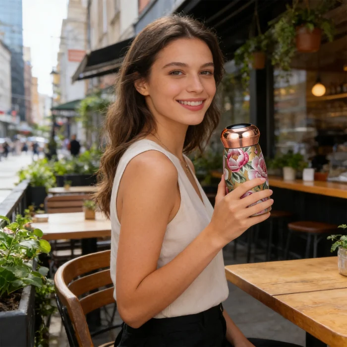 Lifestyle photography of a woman holding an Oriental retro mini cup in a cafe, demonstrating portable luxury drinkware.