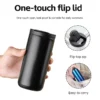 One-touch flip lid detail showing the leak-proof silicone seal and portable flip tab for daily urban commute.