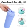 One-touch pop-up shaker lid detail showing the snap-lock design and leak-proof carry handle.