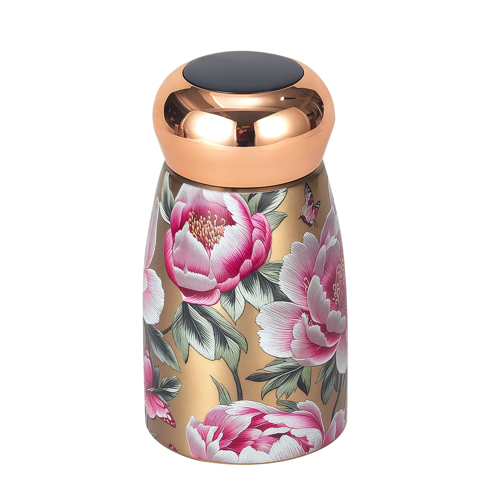 oriental-style-smart-temperature-display-flask-peony Premium wholesale Oriental retro mini flask with peony and peacock patterns in a rose gold finish