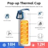 Pop-up thermal cup feature diagram highlighting 18/8 outer layer and 18H cold retention for Amazon sellers.