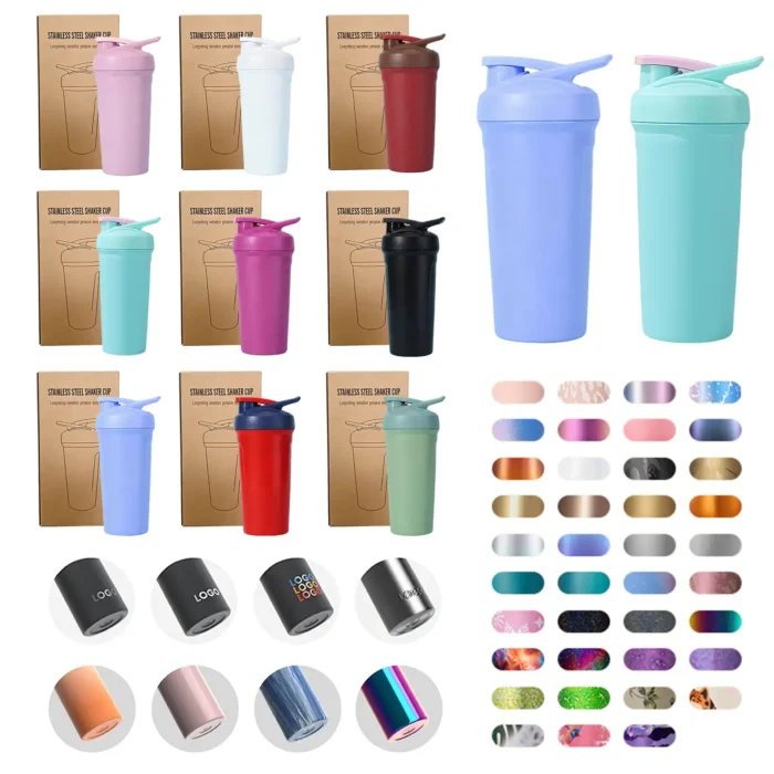 Wholesale custom logo protein shakers in Macaron color palette with premium retail gift box packaging.