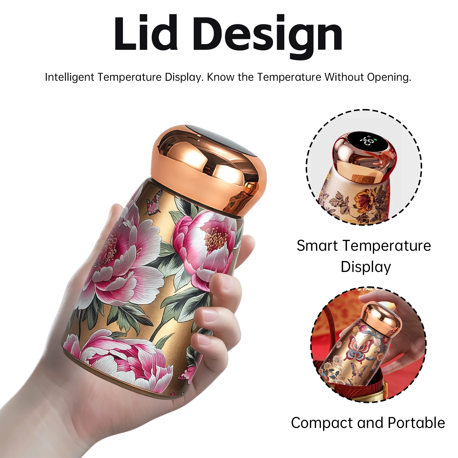 Intelligent temperature display lid design on an Oriental peacock pattern bottle for B2B private label branding.
