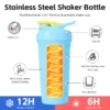 Feature infographic of a 2-in-1 thermos shaker cup highlighting baked enamel coating and 12H cold retention.