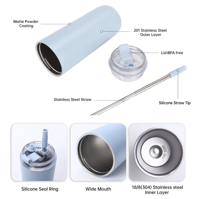Exploded view of the slim vacuum tumbler showing 304 stainless steel straw, silicone sealing ring, and matte coating.