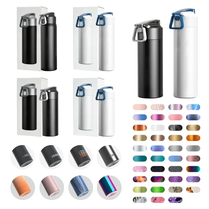 Wholesale custom logo options and Morandi color palette for 316 stainless steel sports bottles in premium business packaging.