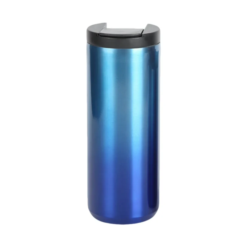 Wholesale straight body stainless steel coffee tumbler with flip-top lid and metallic aurora finish for B2B branding.