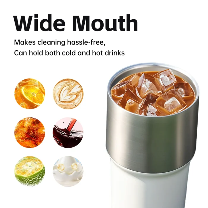 Wide mouth design of the 550ml stainless steel bottle for easy ice filling and thorough manual cleaning.