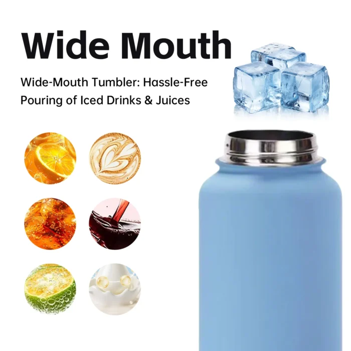 Wide mouth tumbler design for hassle-free pouring of iced drinks and juices with easy ice cube access.