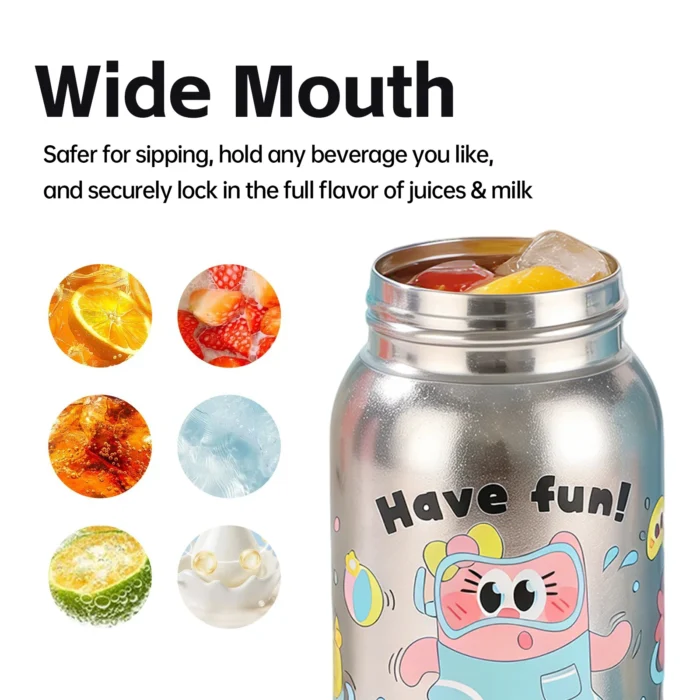 Wide mouth design of the titanium kids bottle for safe sipping and locking in flavor of juices and milk.